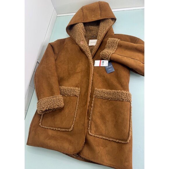 Lucky Brand Jackets & Blazers - Lucky Brand Hooded Faux Fur Suede Women's Coat Jacket XS Teddy Sherpa Lined Tan